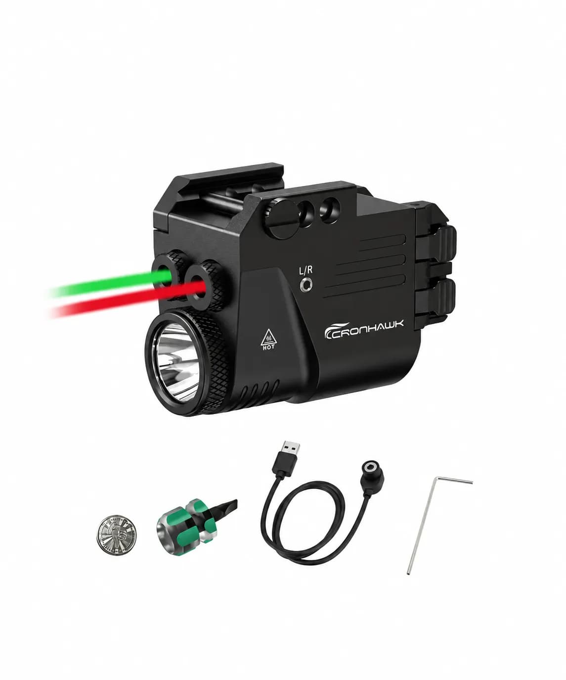 Linterna Táctica CRONHAWK Láser Rojo y Verde – 420/500 Lúmenes – Recargable – 6 Modos